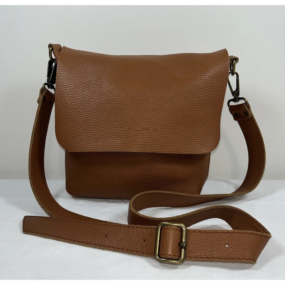 Calma 11600 Pebbled Leather Purse Handmade in Spain Crossbody Flap‎ Bag Brown
